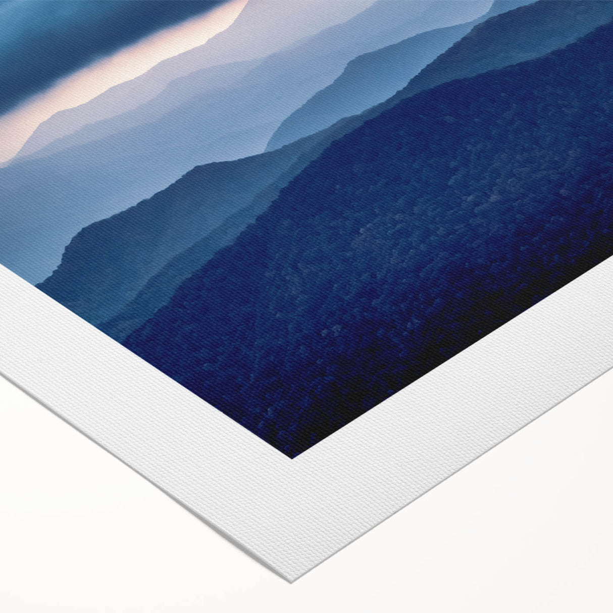Art deco poster of Blue Ridge Mountains in muted blue and green tones on rolled canvas, suitable for dining room decor.