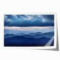 Blue Ridge mountain landscape in muted greens and blues on a large rolled canvas, suitable for dining room decor.