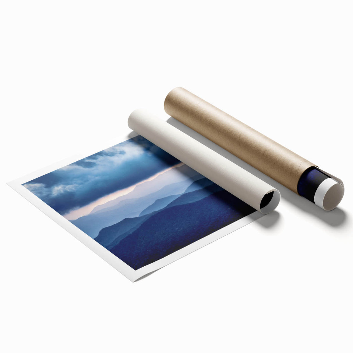 Blue Ridge Mountains landscape on rolled canvas, featuring soft green and blue tones, ideal for large living room wall art.
