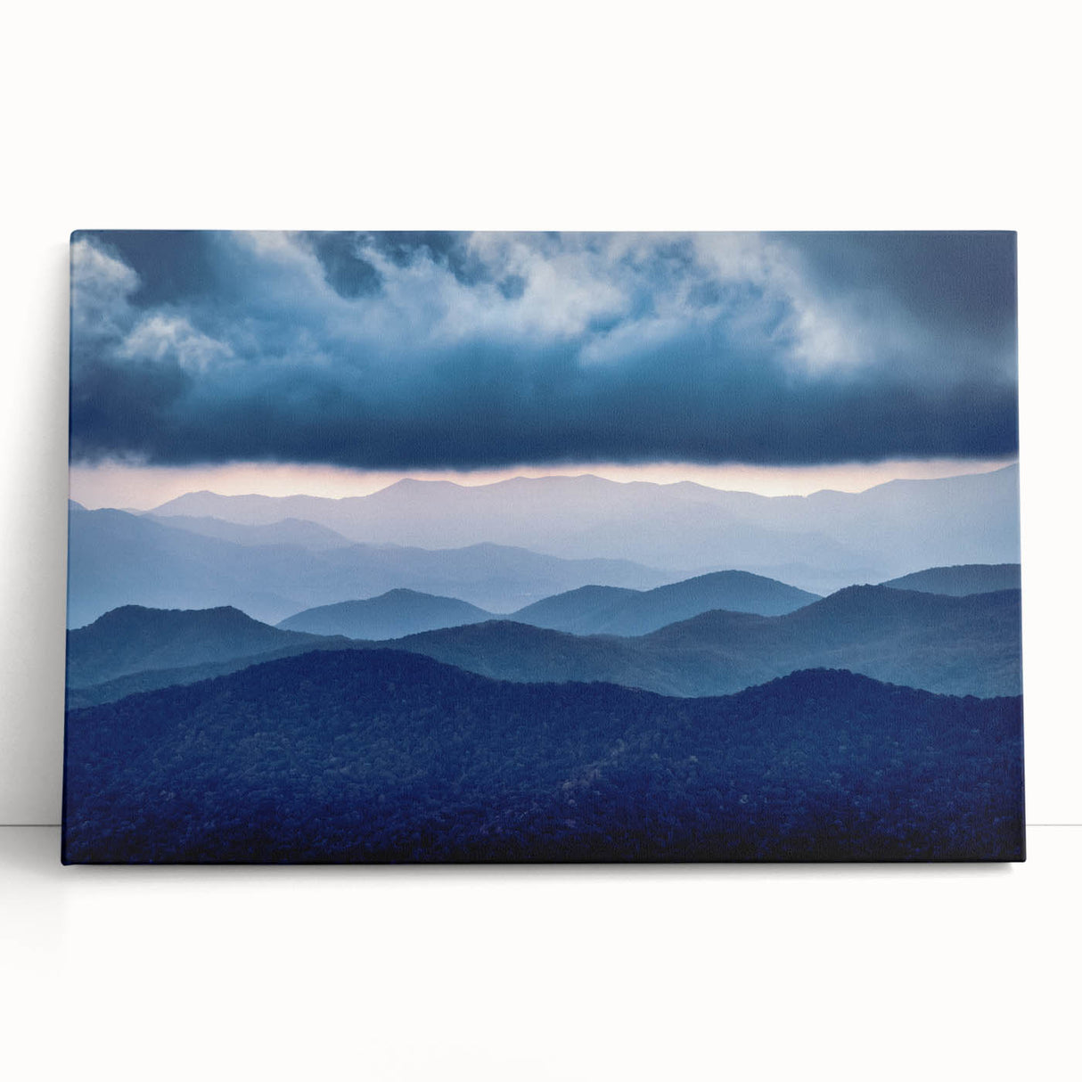 Black and white photograph of the Blue Ridge Mountains on stretched canvas, ideal for kitchen wall art.