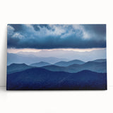 Black and white photograph of the Blue Ridge Mountains on stretched canvas, ideal for kitchen wall art.