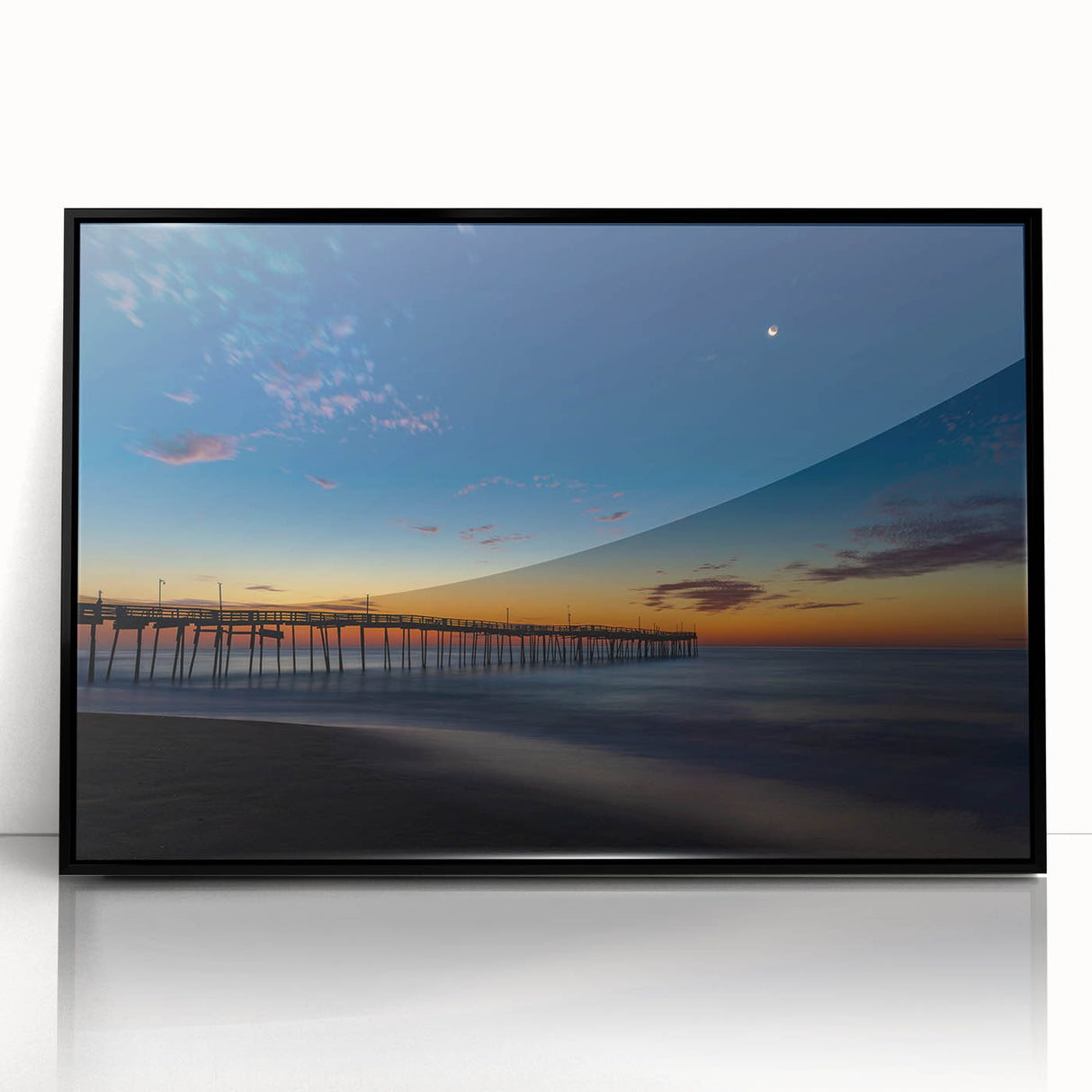 Large abstract wall art depicting Cape Hatteras, North Carolina in muted blue and gray tones on a framed acrylic print.
