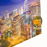 Large abstract wall art of Charlotte skyline in muted blue and gray tones on acrylic glass, suitable for dining room decor.