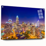 Acrylic print of Charlotte skyline in muted blue and green tones, suitable for bedroom or dining room decor.