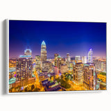 Vintage poster art of Charlotte skyline in vibrant colors on a framed canvas, ideal for living room decor.