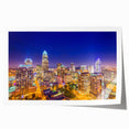 Rolled print of Charlotte, North Carolina skyline in muted gray and blue tones, suitable for art wall dining room.