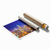 Rolled print of Charlotte, North Carolina skyline in soft pastel colors, ideal for large living room wall art.