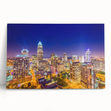 Black and white large art of Charlotte skyline on stretched canvas, ideal for kitchen wall art.