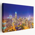 Charlotte, North Carolina skyline in muted gray on stretched canvas, suitable for kitchen wall art.