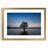 Extra large abstract art print of Durham, North Carolina skyline in muted gray and blue tones, framed in gold.