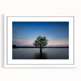 Abstract art print of Durham, North Carolina with muted blue and gray tones on a framed white mat.