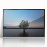 Mid-century modernist art featuring a Durham, North Carolina skyline in muted gray and blue tones on a framed acrylic print.