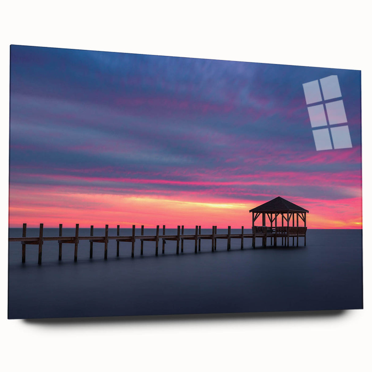 Large abstract wall art of the Outer Banks in North Carolina, featuring vibrant blue and green tones on acrylic glass.