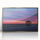 Mid-century modernist style acrylic print of the Outer Banks, featuring muted blue and beige tones.