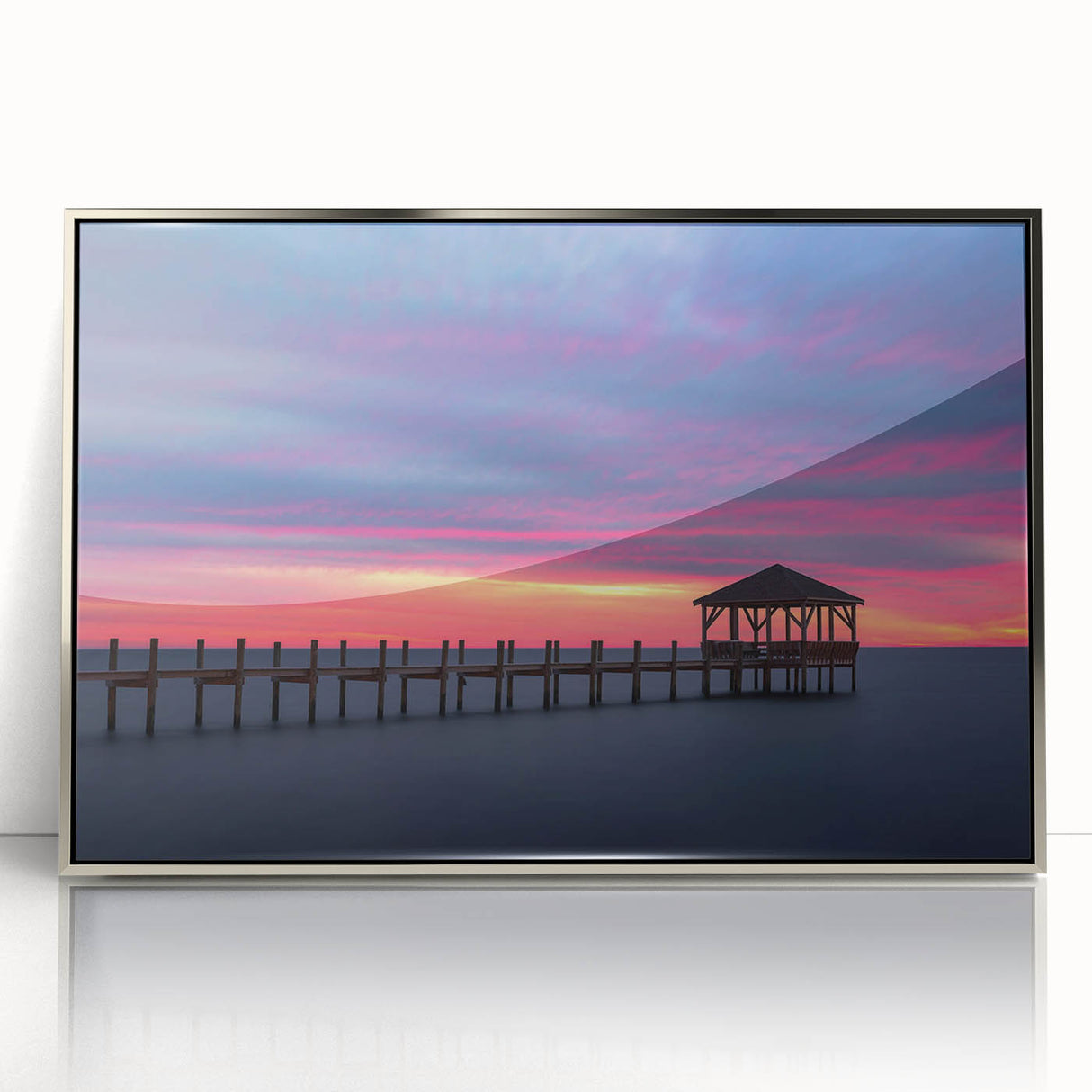 Mid-century modernist art depicting the Outer Banks, North Carolina in muted earth tones on a silver-framed acrylic print.
