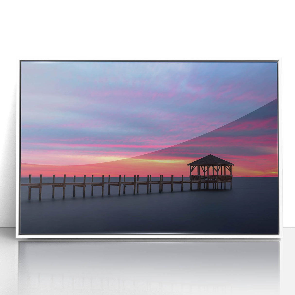 Art deco poster of Outer Banks scenery in North Carolina on white framed acrylic, featuring soft pastel colors.