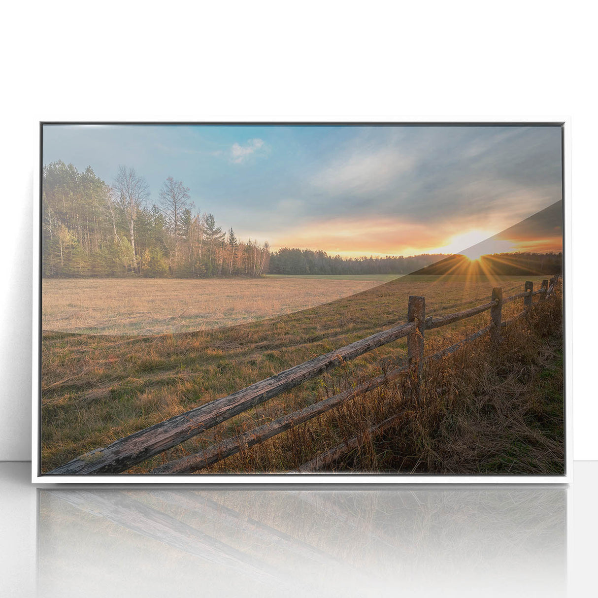 Acrylic print of a serene Adirondacks landscape in soft blue and green tones, framed in white.