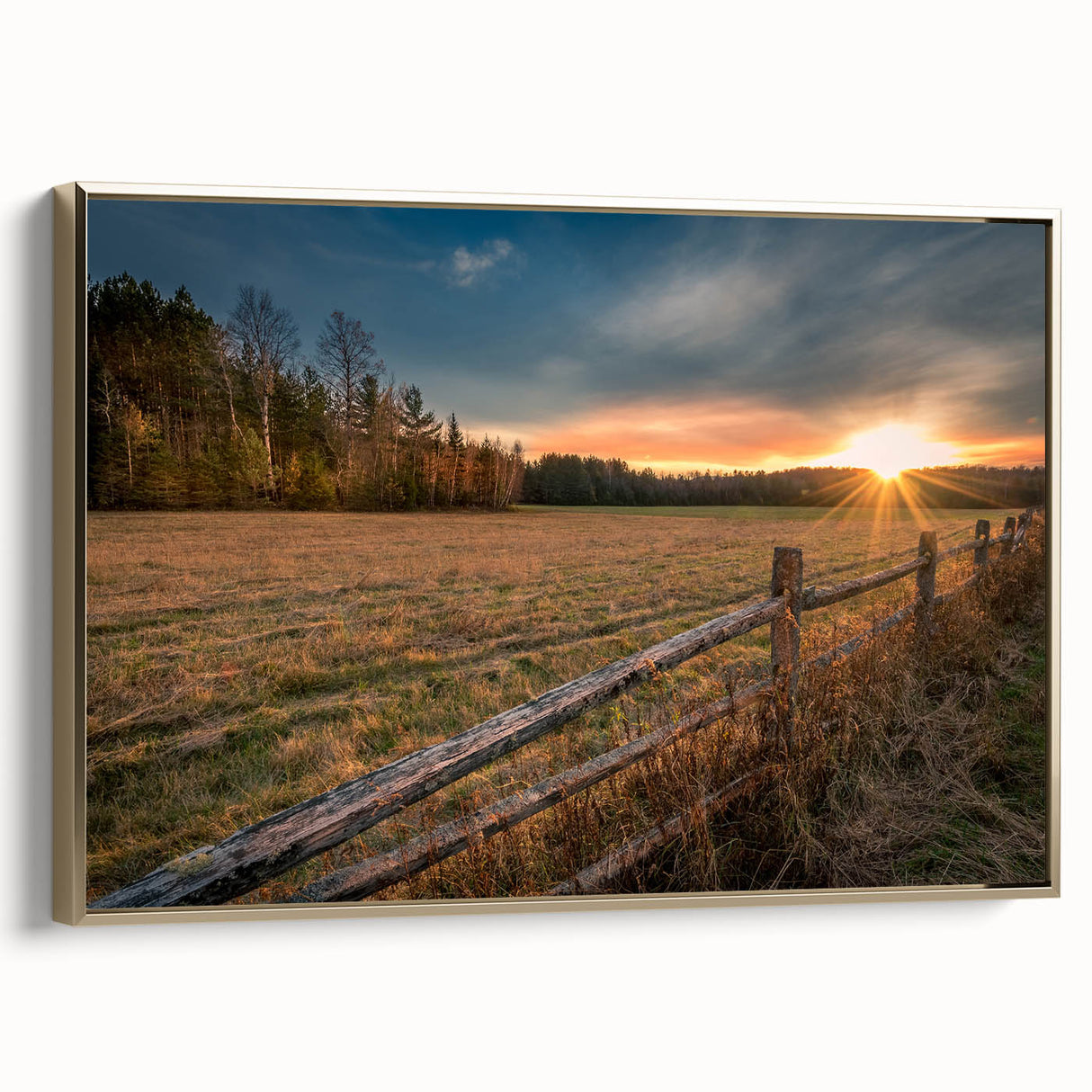 Framed canvas depicting a vintage-style Adirondack landscape in black and gold tones, ideal for bedroom wall art.