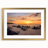 Extra large abstract art print of a textured Long Island scenery in muted earth tones, framed in gold.