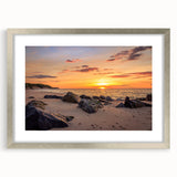 Textured abstract art print depicting a serene Long Island scenery in muted colors, framed in silver.