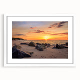 Abstract art print of Long Island scenery in muted blue and green tones, framed with a white mat.