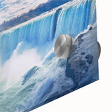 Large abstract depiction of Niagara Falls in muted blue and green tones on acrylic glass, ideal for dining room art.