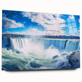 Niagara Falls depicted in large abstract style on acrylic glass, using cool blue and white tones.