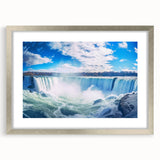 Textured art print of Niagara Falls in abstract style, with muted blue and gray tones, framed in silver.