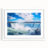 Abstract art print of Niagara Falls in muted blue and gray tones on a framed white canvas, suitable for dining room decor.