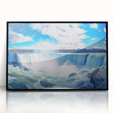 Large abstract wall art depicting Niagara Falls in muted blue and gray tones on a framed acrylic.