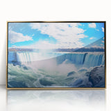 Acrylic print of Niagara Falls in mid-century modernist style, featuring muted blue and gray tones.
