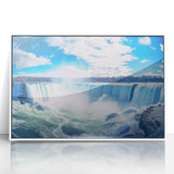 Acrylic print of Niagara Falls in art deco style with muted blue and white tones, ideal for modern nursery wall art.