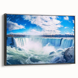 Black and white landscape art of Niagara Falls on framed canvas, ideal for bedroom wall decor.