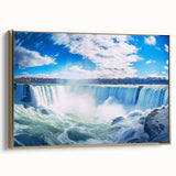 Framed canvas depicting vintage-style Niagara Falls landscape in muted gold and black tones, ideal for bedroom wall art.