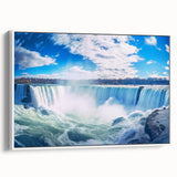 Vintage poster art of Niagara Falls in colorful hues on a framed canvas, ideal for living room decor.