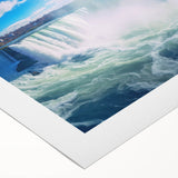 Art deco poster of Niagara Falls in muted blue and gray tones on rolled canvas, suitable for dining room wall art.