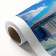 Art Deco style poster of Niagara Falls in muted blue and gray tones on rolled canvas, suitable as nursery wall art.