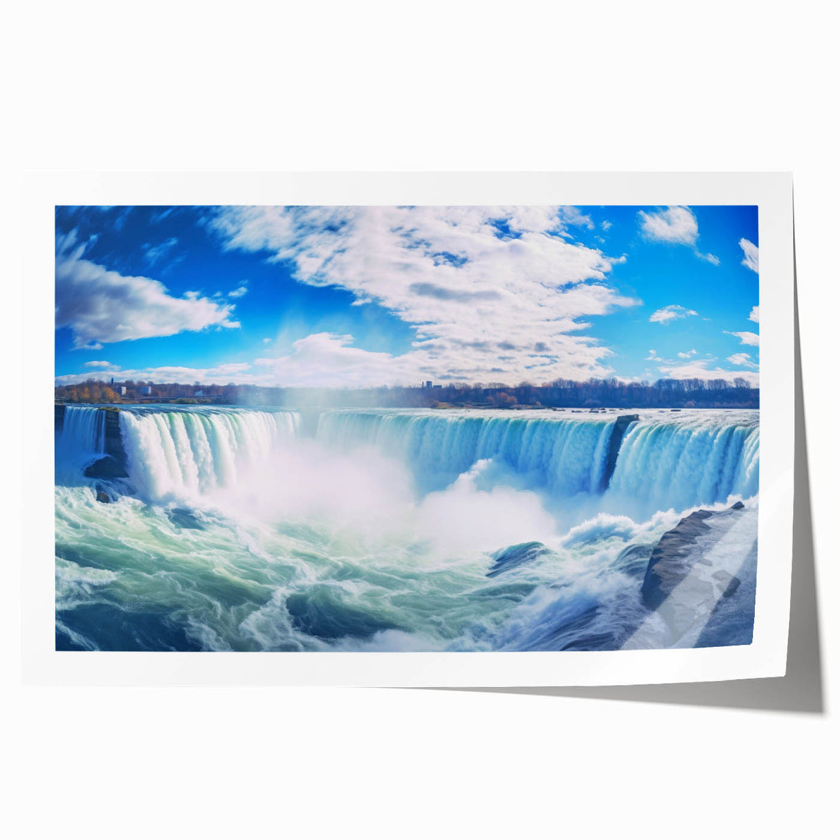 Extra large wall art featuring the Niagara Falls in vibrant blue and white tones on a rolled canvas.