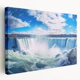 Niagara Falls depicted in vibrant blues and greens on a large stretched canvas, suitable for kitchen wall art.