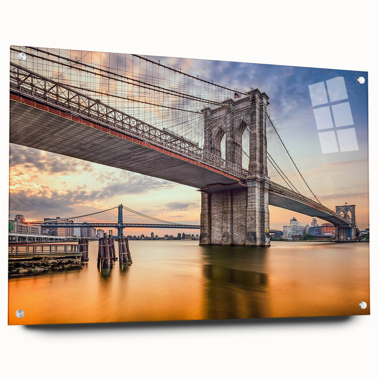 Acrylic print of the Brooklyn Bridge in monochrome tones, suitable for bedroom or dining room decor.