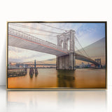 Acrylic print of the Brooklyn Bridge in muted gold and gray tones, ideal for modern art wall decor.