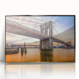 Mid-century modernist art of NYC's Brooklyn Bridge in muted gray tones, acrylic print, ideal for modern art wall decor.