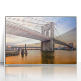 Acrylic print of the Brooklyn Bridge in black and white, ideal for modern art wall decor in a nursery.