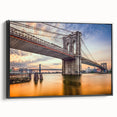 Framed canvas depicting a black and white vintage-style landscape of the Brooklyn Bridge, suitable for bedroom decor.