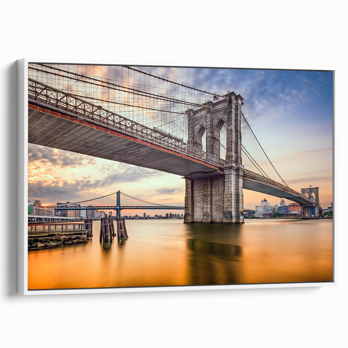 Vintage poster art of the Brooklyn Bridge in black and colorful hues on a framed canvas, ideal for living room decor.