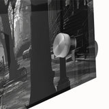Large abstract depiction of NYC Brooklyn in muted gray and blue tones on acrylic glass, suitable for dining room art.