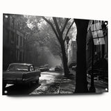 Acrylic print of New York City skyline in muted gray and blue tones, ideal for modern bedroom or dining room decor.