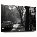 Large abstract wall art of Brooklyn Bridge in muted gray and blue tones on acrylic glass.