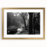 Extra large abstract art print of Brooklyn Bridge in muted gray tones, framed with a gold mat.