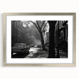 Textured abstract art print of NYC skyline in muted gray and silver tones, framed in silver, ideal for bedroom art.